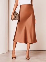 Lipsy Brown Satin Bias Cut Midi Skirt - Image 1 of 4