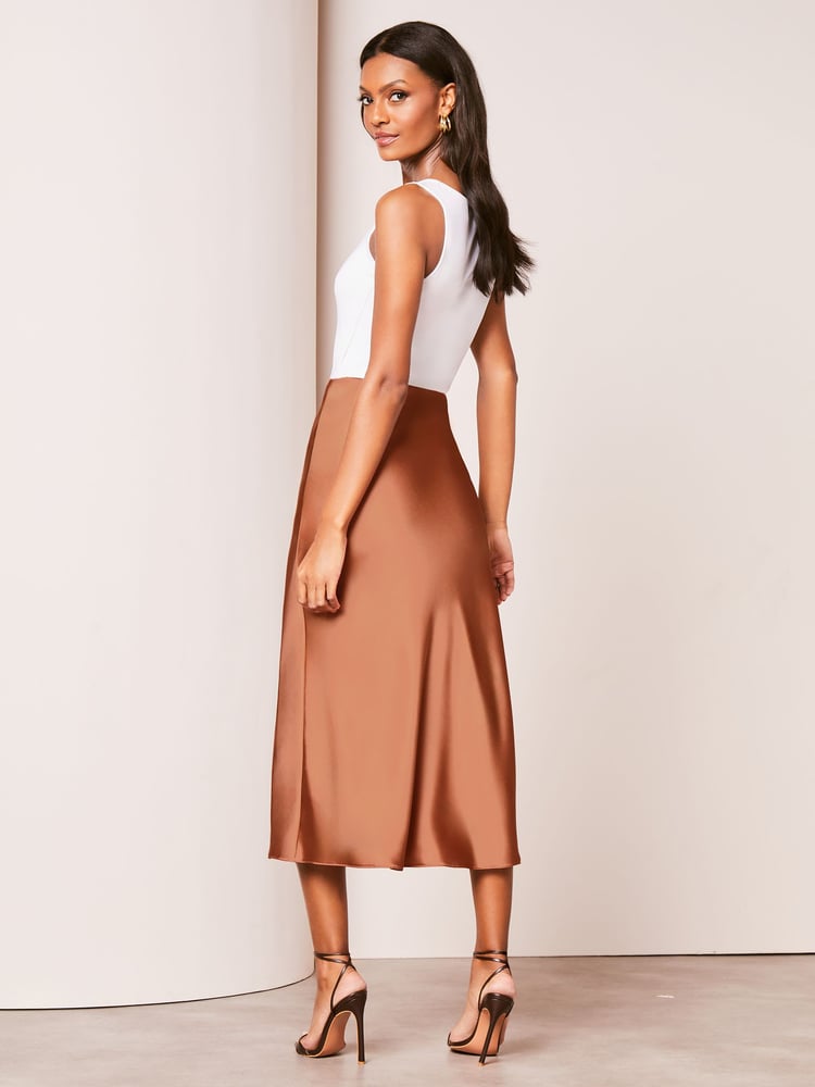 Lipsy Brown Satin Bias Cut Midi Skirt - Image 2 of 4