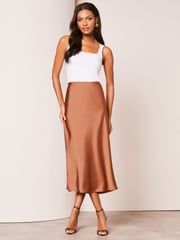 Lipsy Brown Satin Bias Cut Midi Skirt - Image 3 of 4