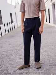 Navy Blue Relaxed Fit Seersucker Suit Trousers - Image 2 of 8