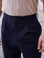Navy Blue Relaxed Fit Seersucker Suit Trousers - Image 4 of 8