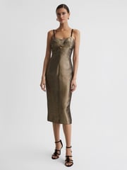 Reiss Gold Mina Metallic Bodycon Midi Dress - Image 1 of 4