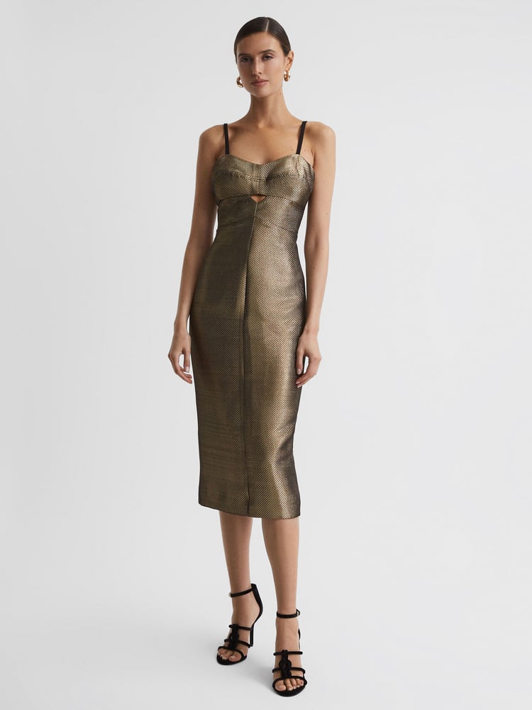 Reiss Gold Mina Metallic Bodycon Midi Dress - Image 1 of 4