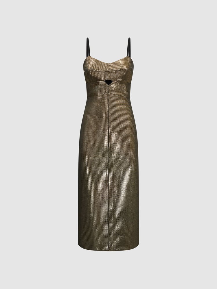 Reiss Gold Mina Metallic Bodycon Midi Dress - Image 2 of 4