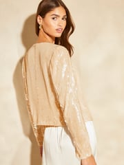 Lipsy Champagne Gold Sequin Cropped Jacket - Image 2 of 4