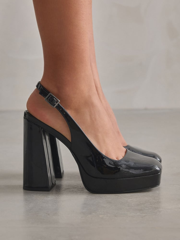 Black Patent Forever Comfort® Square Toe Platform Slingback Heel Shoes - Image 1 of 4