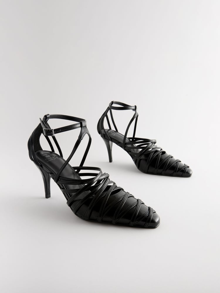 Black Forever Comfort® Cage Closed Point Toe Strappy Heels - Image 1 of 5
