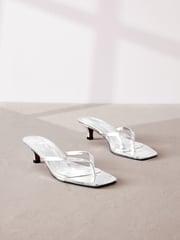 Silver Premium Leather Toe Post Heeled Mules - Image 1 of 5