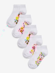 White Floral 5 Pack Cotton Rich Footbed Trainer Socks - Image 1 of 5