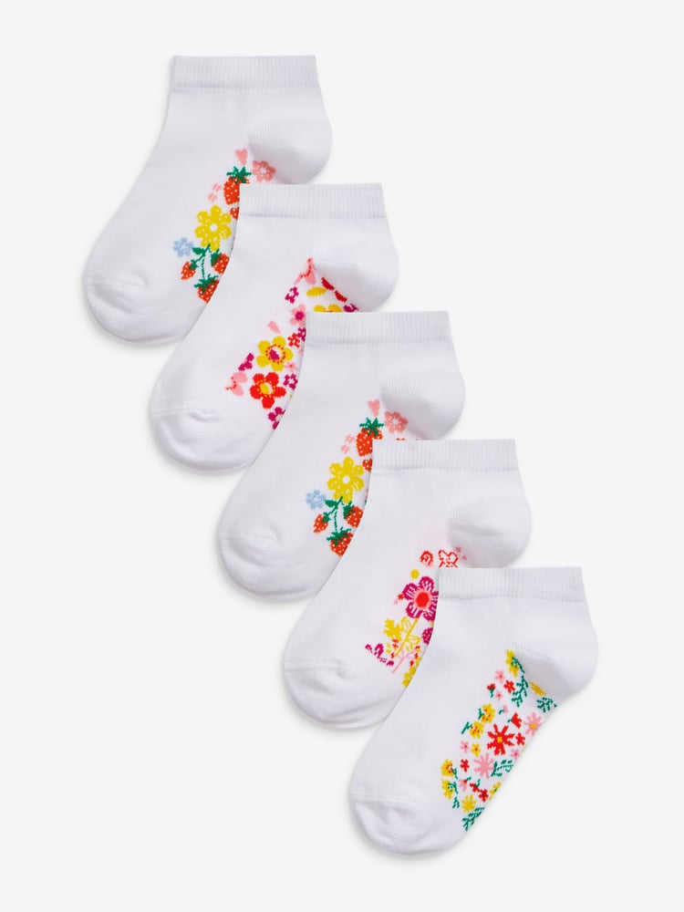 White Floral 5 Pack Cotton Rich Footbed Trainer Socks - Image 1 of 5