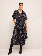 Navy Blue Scene Print Puff Sleeve Midi Dress - Image 1 of 6