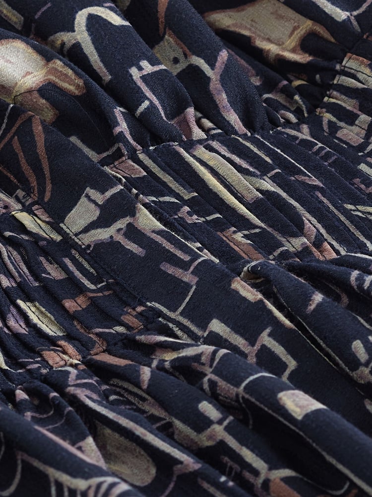 Navy Blue Scene Print Puff Sleeve Midi Dress - Image 2 of 6