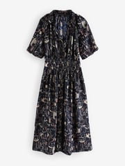 Navy Blue Scene Print Puff Sleeve Midi Dress - Image 3 of 6