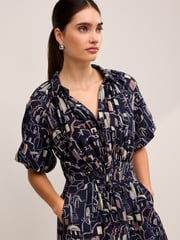 Navy Blue Scene Print Puff Sleeve Midi Dress - Image 6 of 6