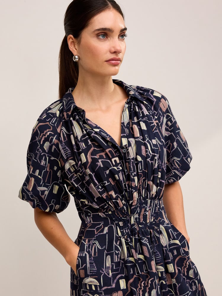 Navy Blue Scene Print Puff Sleeve Midi Dress - Image 6 of 6