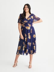 Scarlett & Jo Navy Blue Sunflower Victoria Angel Sleeve Mesh Midi Dress - Image 1 of 4
