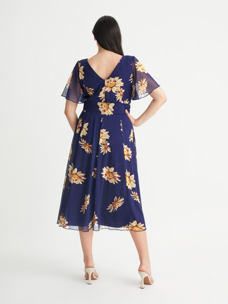 Scarlett & Jo Navy Blue Sunflower Victoria Angel Sleeve Mesh Midi Dress - Image 2 of 4