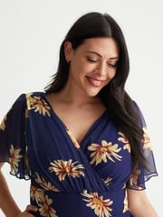 Scarlett & Jo Navy Blue Sunflower Victoria Angel Sleeve Mesh Midi Dress - Image 4 of 4