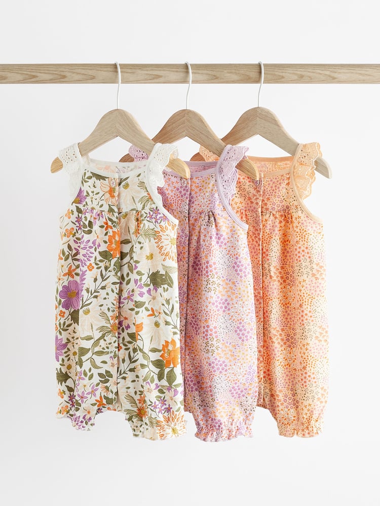 Purple Floral Baby Vest Rompers 3 Pack - Image 1 of 10