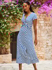 Sosandar Blue white Knot Front Cap Sleeve Fit And Flare Dress - Image 1 of 5