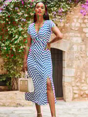 Sosandar Blue white Knot Front Cap Sleeve Fit And Flare Dress - Image 3 of 5