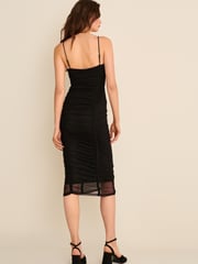 Black Square Neck Mesh Ruched Midi Dress - Image 5 of 10