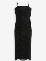 Black Square Neck Mesh Ruched Midi Dress - Image 9 of 10