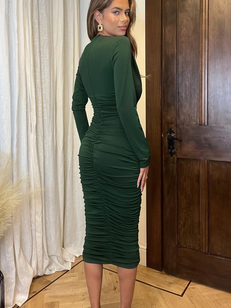 AX Paris Green Forest Long Sleeve Ruched Bodycon Dress - Image 2 of 4
