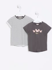 River Island White/Grey Mini Girls 100% Cotton Stripe T-Shirts 2 Pack - Image 1 of 4