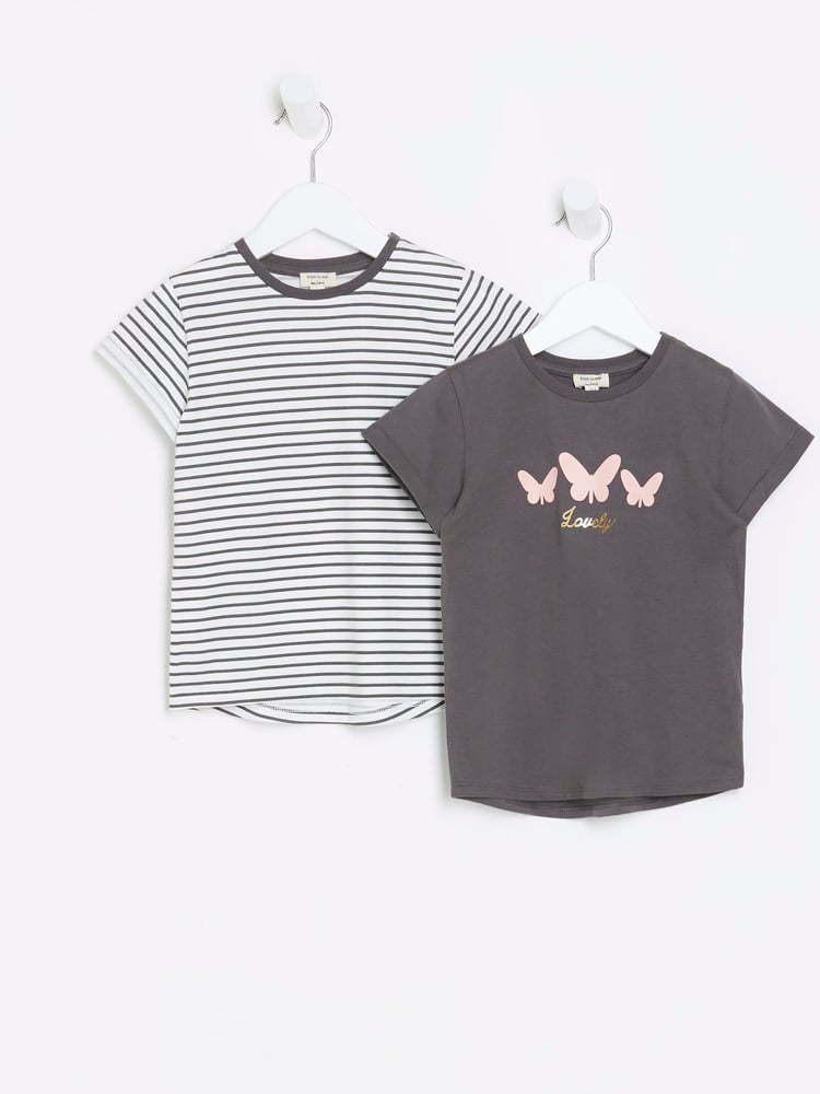 River Island White/Grey Mini Girls 100% Cotton Stripe T-Shirts 2 Pack - Image 1 of 4
