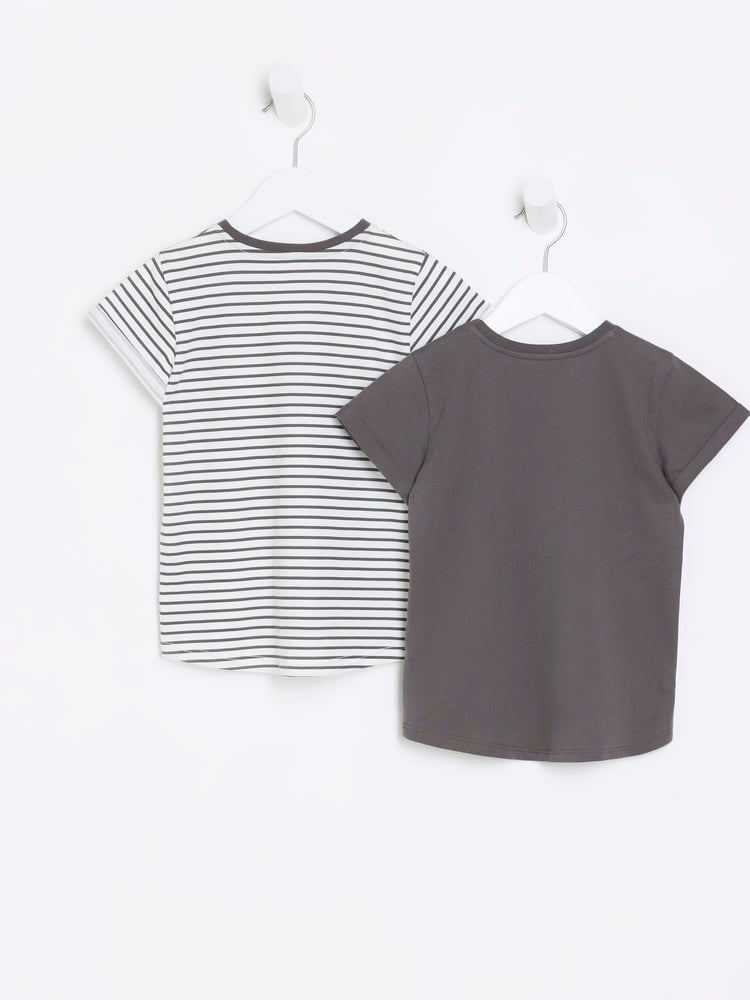 River Island White/Grey Mini Girls 100% Cotton Stripe T-Shirts 2 Pack - Image 2 of 4 River Island White/Grey Mini Girls 100% Cotton Stripe T-Shirts 2 Pack - Image 2 of 4
