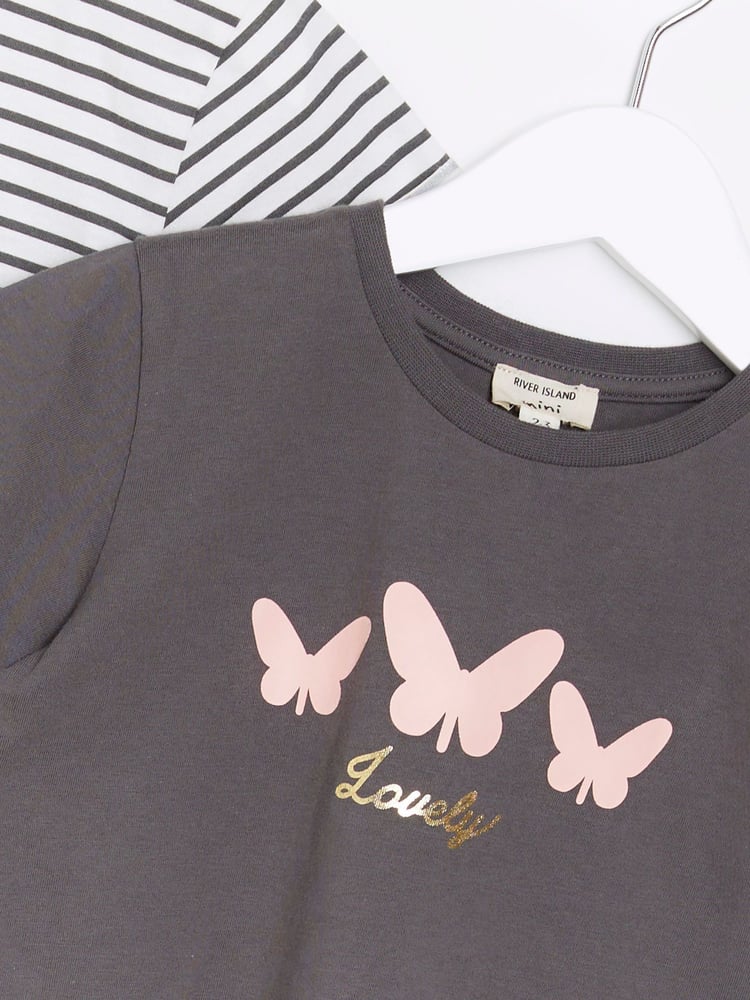 River Island White/Grey Mini Girls 100% Cotton Stripe T-Shirts 2 Pack - Image 4 of 4