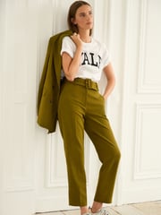 Olive Green Tailored Belted Taper Trousers - Image 1 of 7