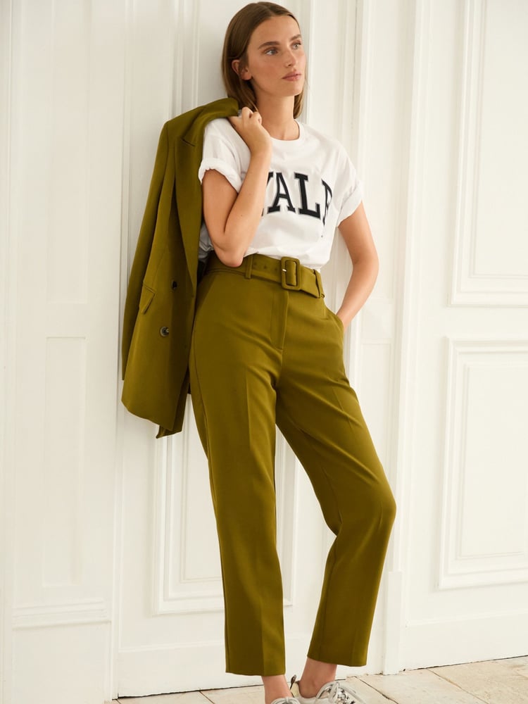 Olive Green Tailored Belted Taper Trousers - Image 1 of 7