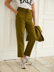 Olive Green Tailored Belted Taper Trousers - Image 3 of 7