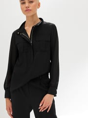 Black Zip Front Utility Pocket Blouse - Image 1 of 7
