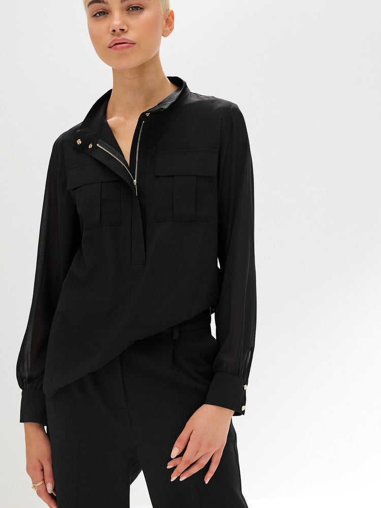 Black Zip Front Utility Pocket Blouse - Image 1 of 7 Black Zip Front Utility Pocket Blouse - Image 1 of 7