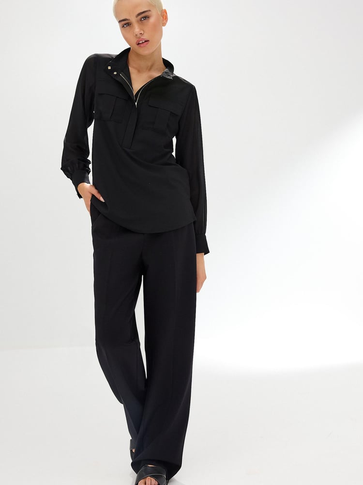 Black Zip Front Utility Pocket Blouse - Image 2 of 7 Black Zip Front Utility Pocket Blouse - Image 2 of 7