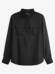 Black Zip Front Utility Pocket Blouse - Image 6 of 7