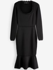 Black Square Neck Stitch Detail Long Sleeve Knitted Midi Dress - Image 5 of 6