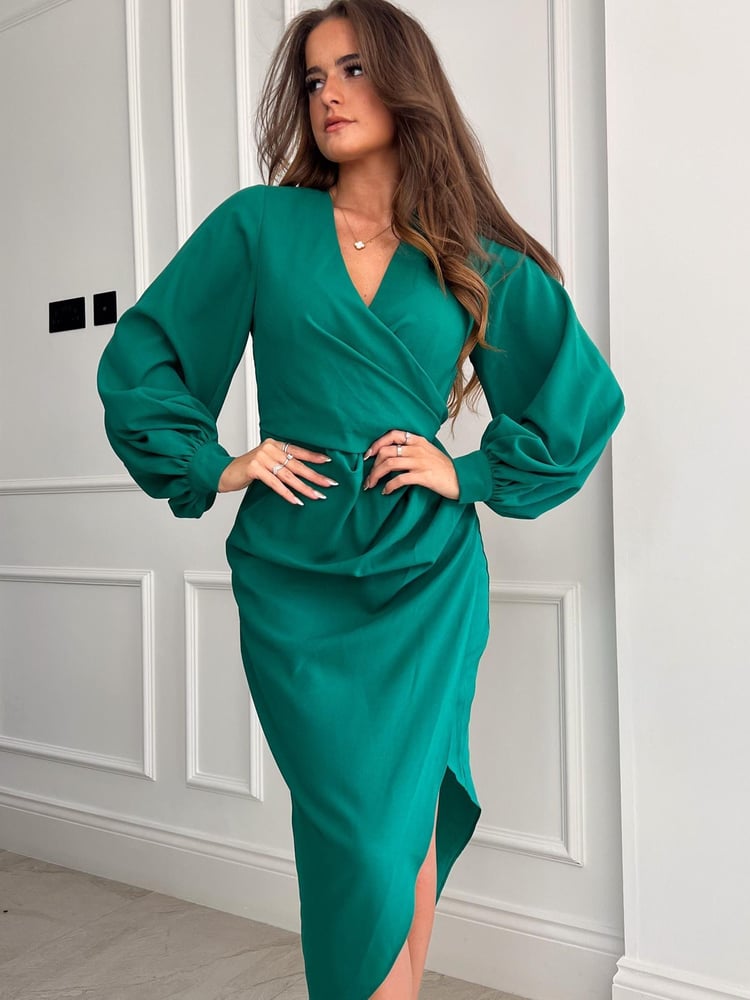 Girl In Mind Green Elsa Long Sleeve Wrap Asymmetric Dress - Image 4 of 4