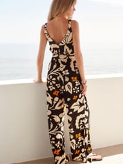 Monochrome Orange Floral V-Neck Belted Summer Wide Leg Jumpsuit - Image 2 of 6