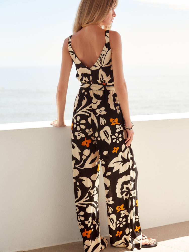 Monochrome Orange Floral V-Neck Belted Summer Wide Leg Jumpsuit - Image 2 of 6
