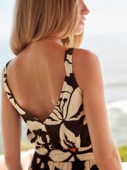 Monochrome Orange Floral V-Neck Belted Summer Wide Leg Jumpsuit - Image 3 of 6