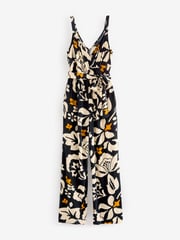 Monochrome Orange Floral V-Neck Belted Summer Wide Leg Jumpsuit - Image 5 of 6