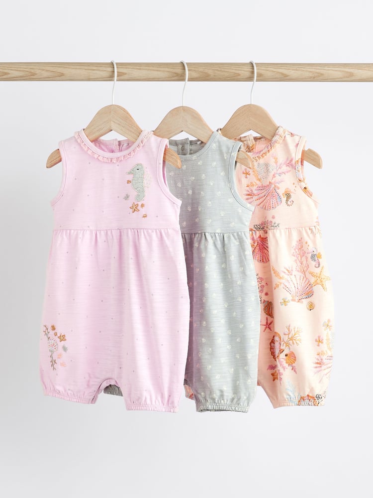 Grey Seashell Print Baby Vest Rompers 3 Pack - Image 1 of 10