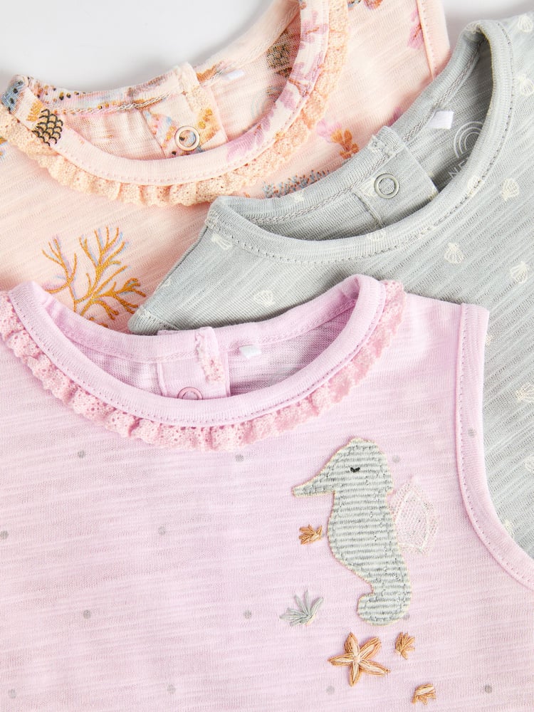 Grey Seashell Print Baby Vest Rompers 3 Pack - Image 10 of 10