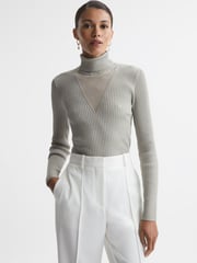 Reiss Silver Tanya Metallic Ribbed Mesh Panel Funnel Neck Top - Image 1 of 6