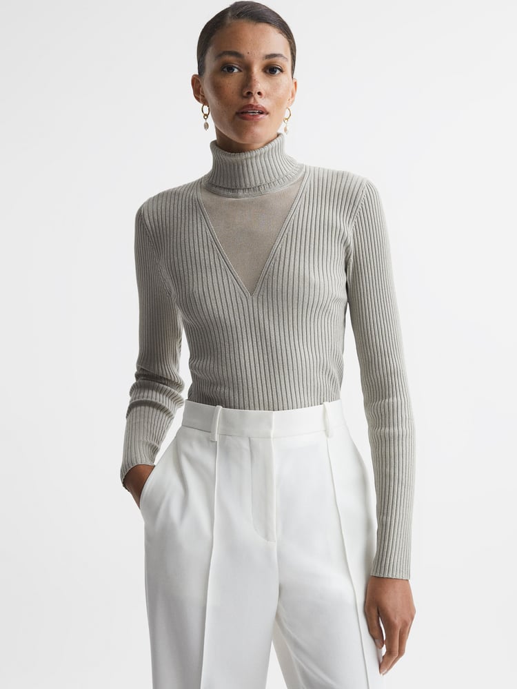 Reiss Silver Tanya Metallic Ribbed Mesh Panel Funnel Neck Top - Image 1 of 6
