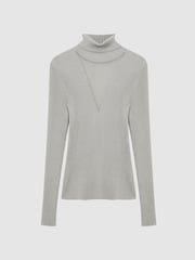 Reiss Silver Tanya Metallic Ribbed Mesh Panel Funnel Neck Top - Image 2 of 6